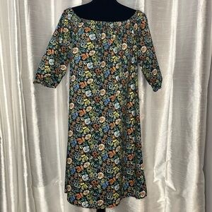 Bobeau Womenโs Large Floral Wide Elastic Neckline Puffy Short Sleeve Dress